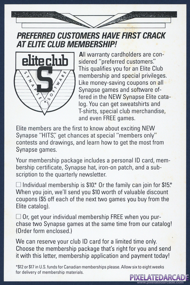 Dimension X Package Contents: Synapse Software Elite Club information card Dimension X Package Contents: Synapse Software Elite Club information card