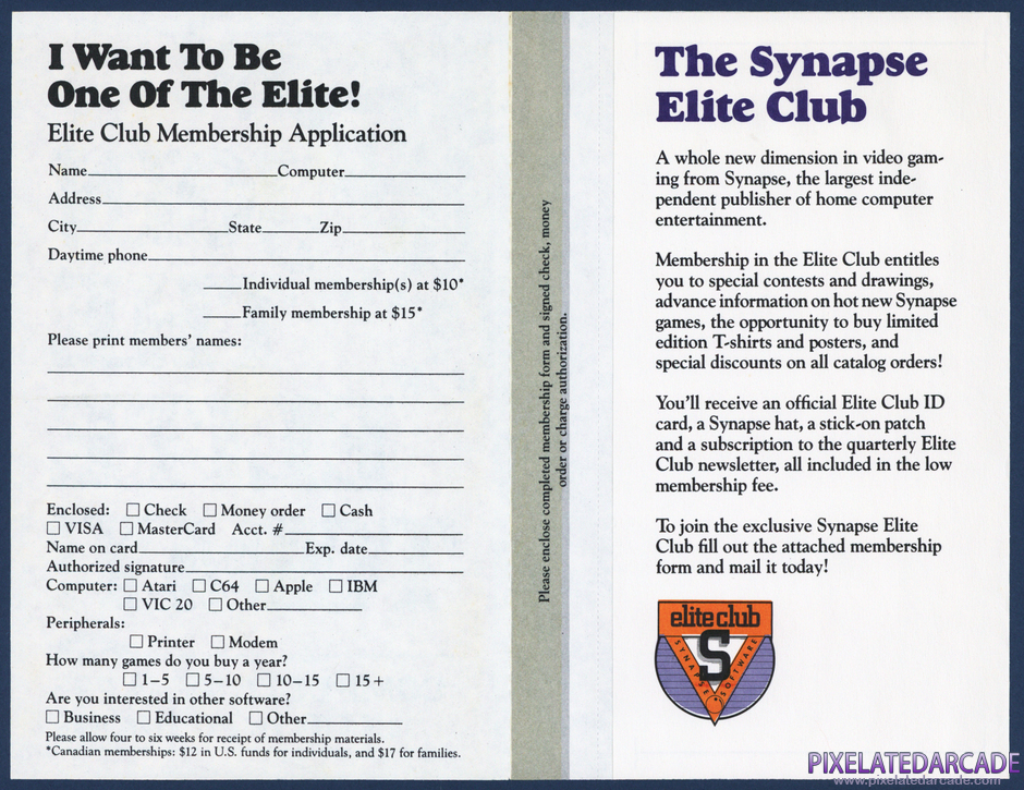 Dimension X Package Contents: Synapse Software Elite Club registration card - Inside Dimension X Package Contents: Synapse Software Elite Club registration card - Inside