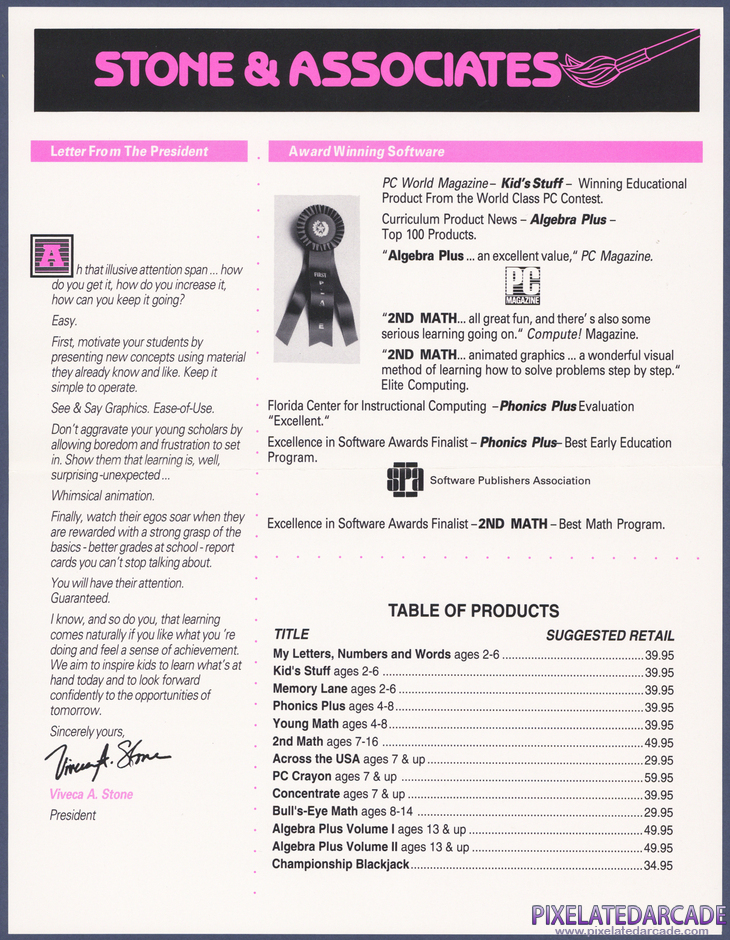 Memory Lane Package Contents: Stone & Associates flyer - Front
