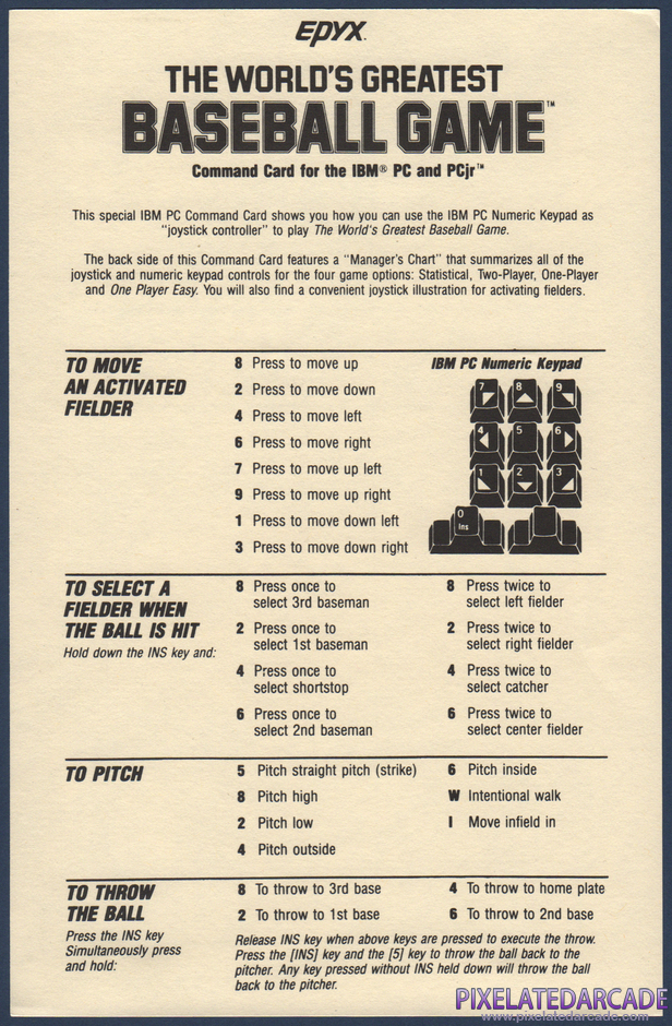 The World's Greatest Baseball Game Package Contents: IBM version command card - Front