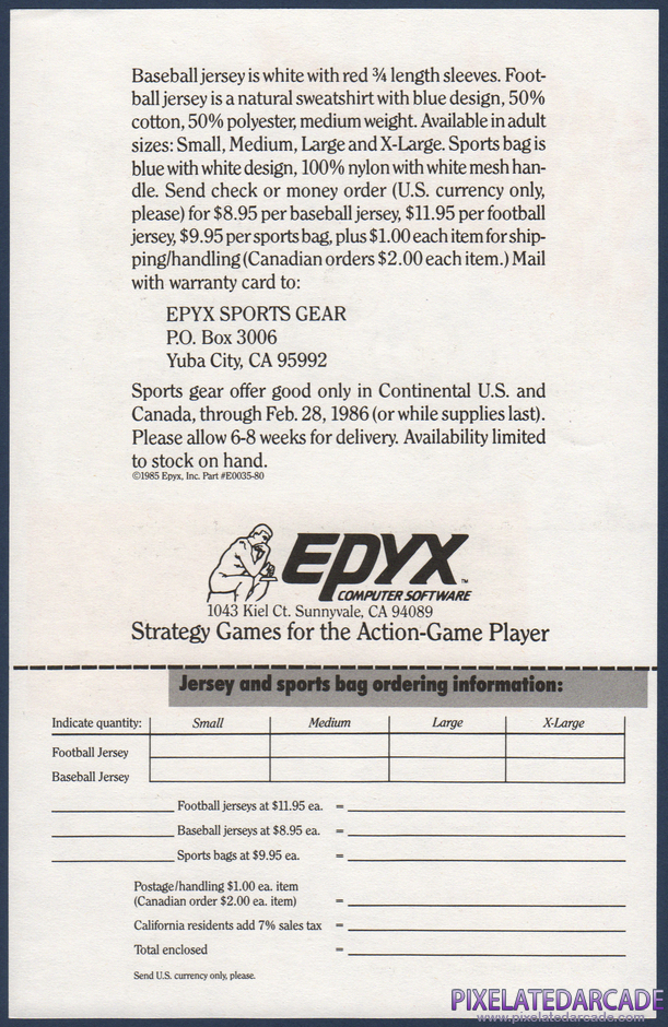 The World's Greatest Baseball Game Package Contents: Epyx sports gear order form - Back The World's Greatest Baseball Game Package Contents: Epyx sports gear order form - Back