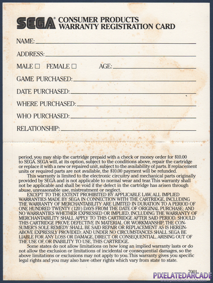 Zaxxon Package Contents: Warranty registration card - Back Zaxxon Package Contents: Warranty registration card - Back