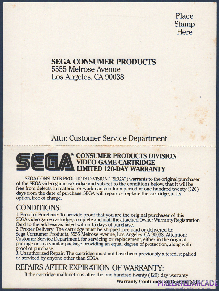 Zaxxon Package Contents: Warranty registration card - Front Zaxxon Package Contents: Warranty registration card - Front