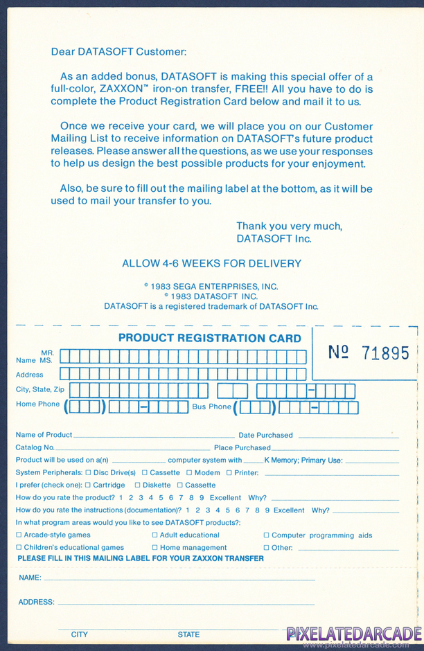 Zaxxon Package Contents: Warranty registration card - Page 2 Zaxxon Package Contents: Warranty registration card - Page 2