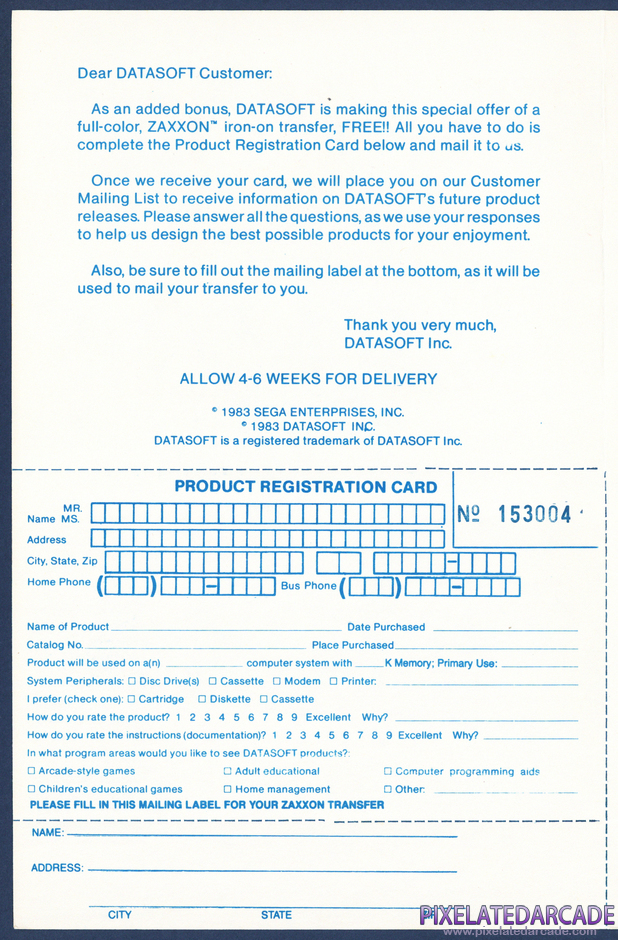 Zaxxon Package Contents: Warranty registration card - Page 2 Zaxxon Package Contents: Warranty registration card - Page 2