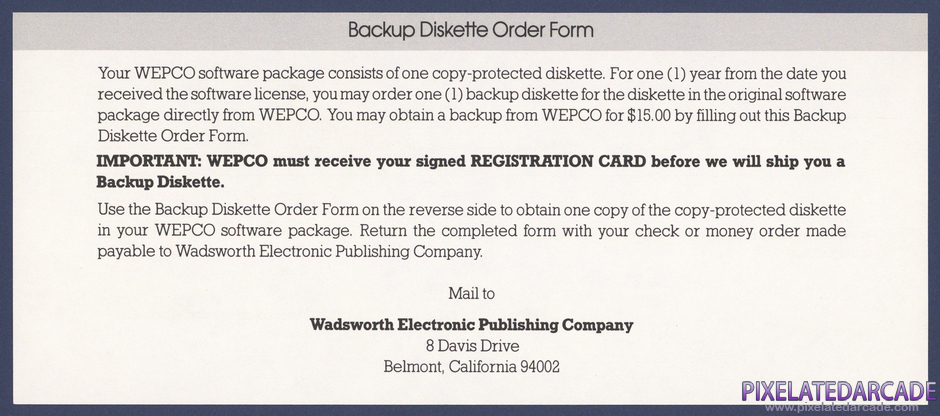 Algebra Arcade Package Contents: Backup disk order form - Front Algebra Arcade Package Contents: Backup disk order form - Front