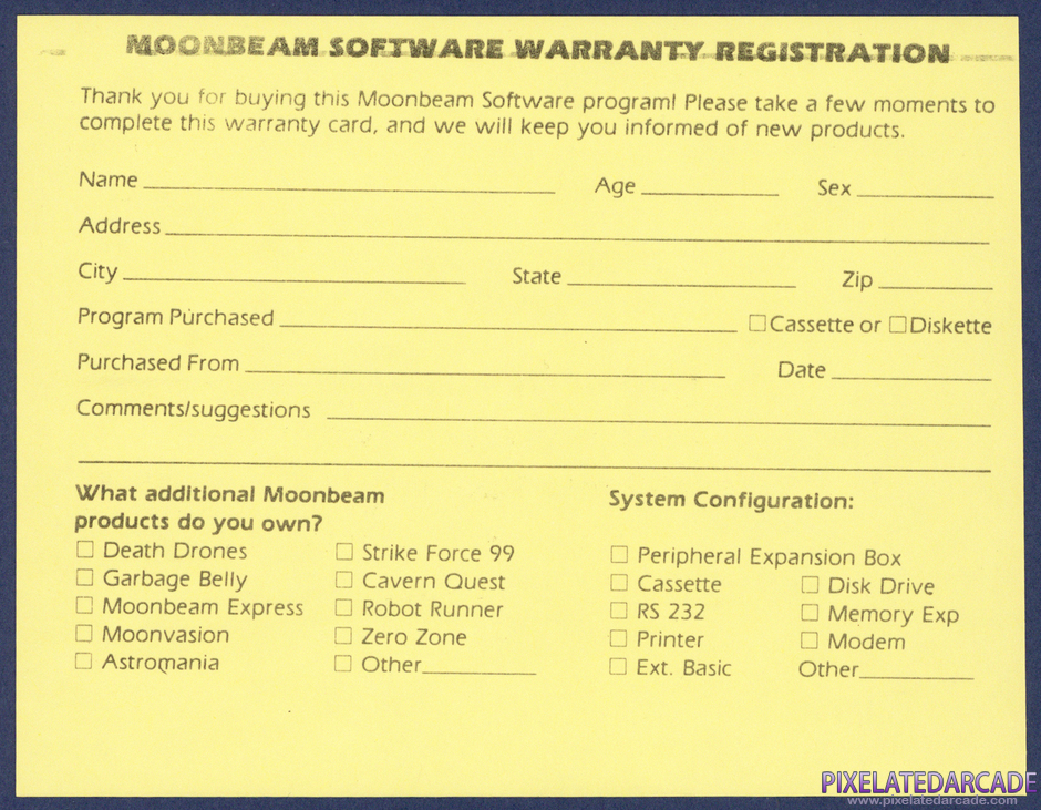 Moonbeam Express Package Contents: Warranty registration card - Back Moonbeam Express Package Contents: Warranty registration card - Back