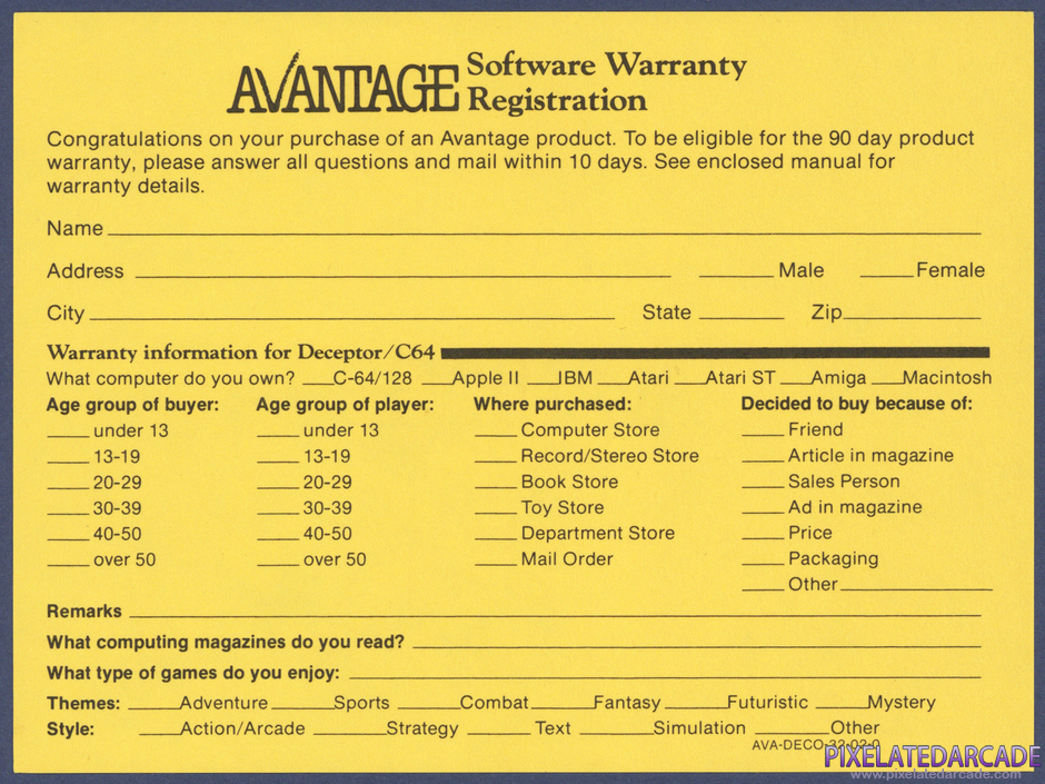 Deceptor Package Contents: Warranty registration card - Back Deceptor Package Contents: Warranty registration card - Back