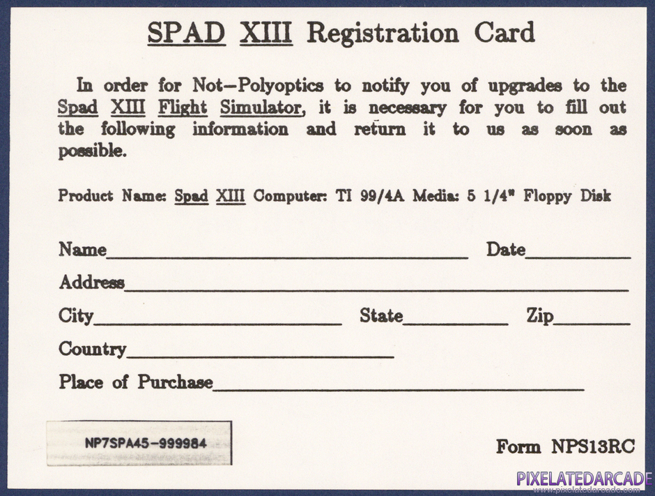 Spad XIII Package Contents: Warranty registration card - Back Spad XIII Package Contents: Warranty registration card - Back