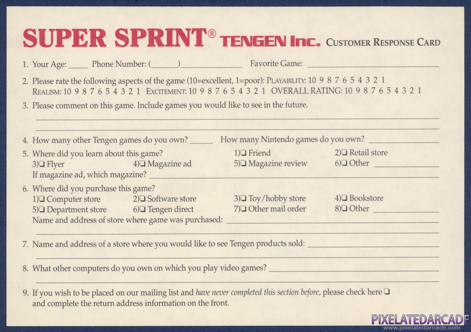 Super Sprint Package Contents: Warranty registration card - Back Super Sprint Package Contents: Warranty registration card - Back