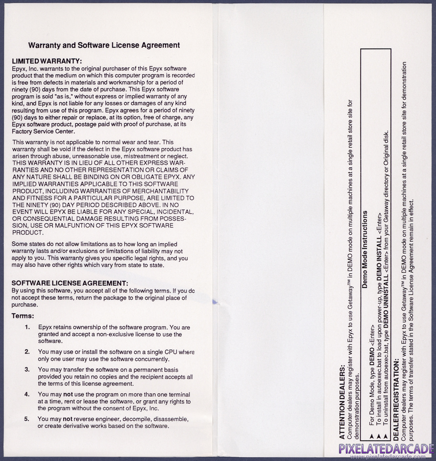 Getaway Package Contents: Disk sleeve / Warranty info - Inside Getaway Package Contents: Disk sleeve / Warranty info - Inside