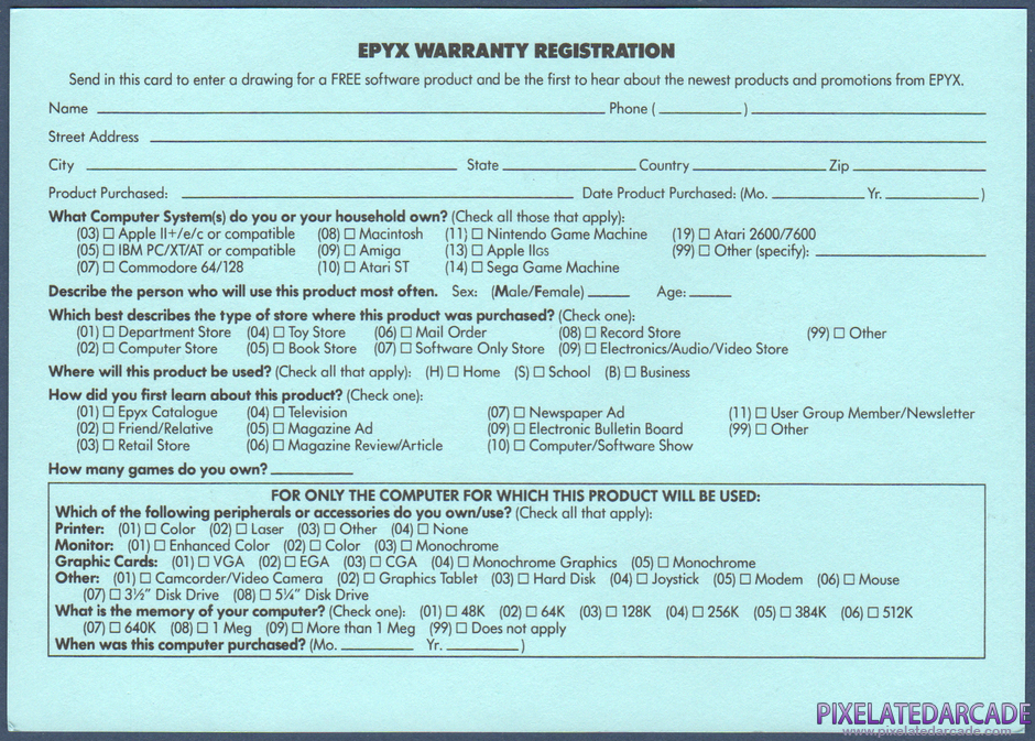 California Games Package Contents: Warranty registration card - Back California Games Package Contents: Warranty registration card - Back