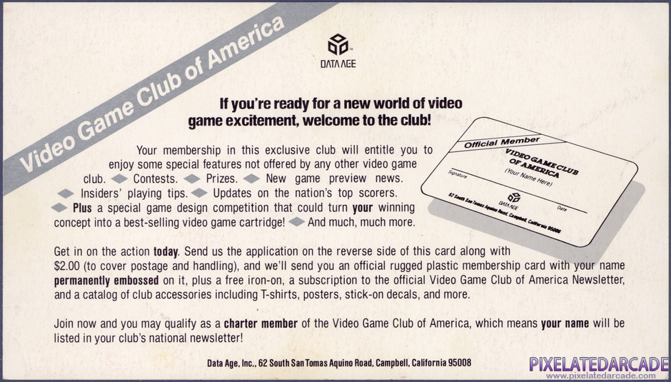 Airlock Package Contents: Data Age club registration card - Front