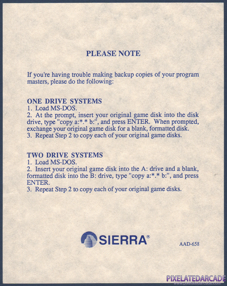 Space Quest III: The Pirates of Pestulon Package Contents: Disk backup notice