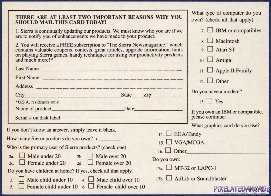 Space Quest III: The Pirates of Pestulon Package Contents: Warranty registration card - Back