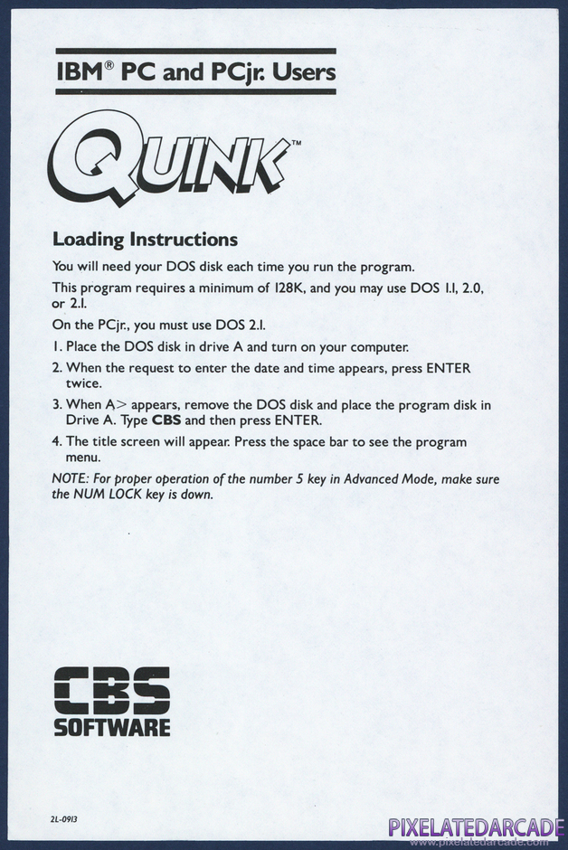Quink Package Contents: IBM PC version addendum