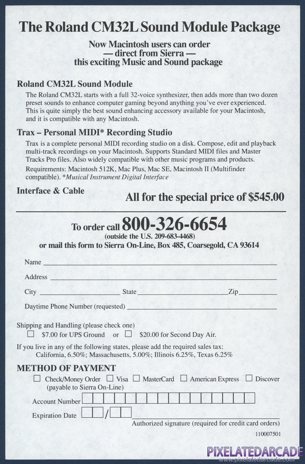 Space Quest IV: Roger Wilco and the Time Rippers Package Contents: Roland CM32L order form