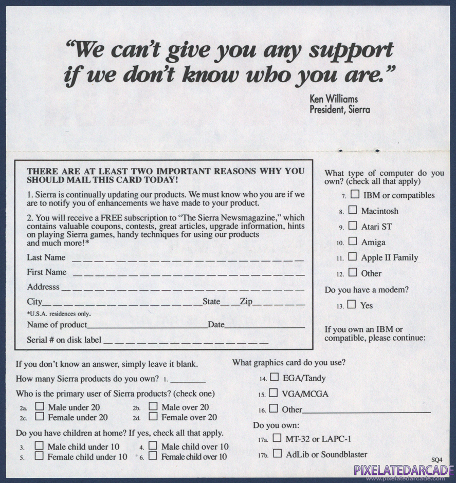 Space Quest IV: Roger Wilco and the Time Rippers Package Contents: Warranty registration card - Back Space Quest IV: Roger Wilco and the Time Rippers Package Contents: Warranty registration card - Back