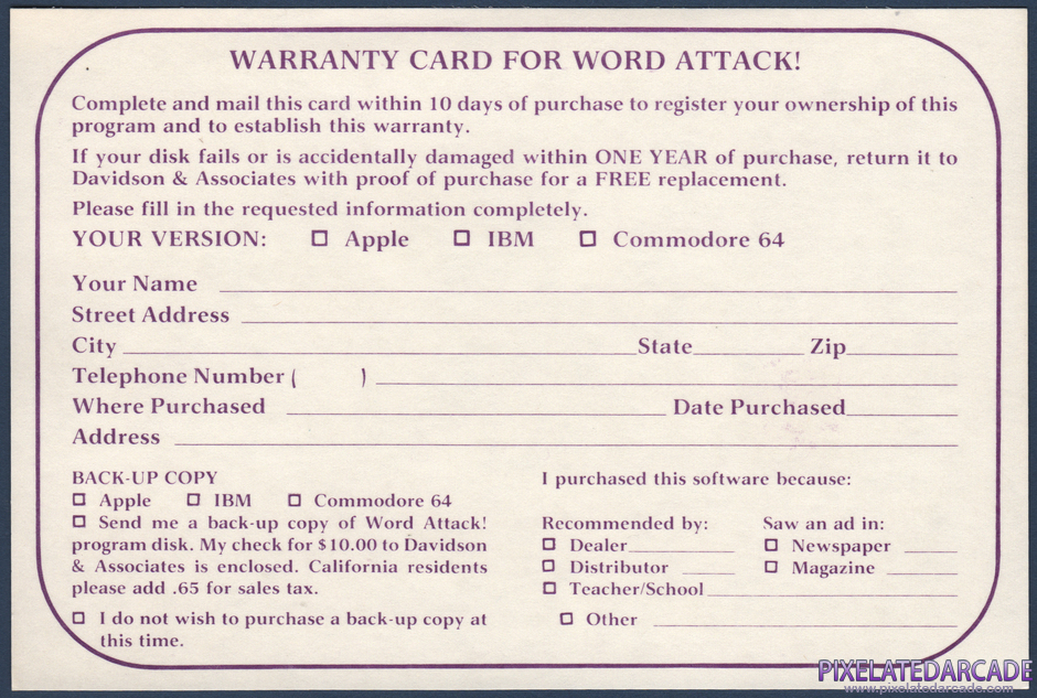 Word Attack! Package Contents: Warranty registration card - Back Word Attack! Package Contents: Warranty registration card - Back