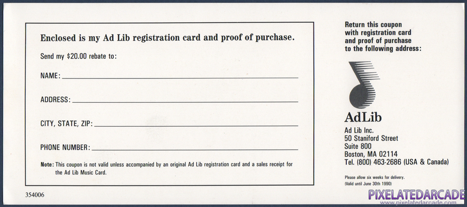 Silpheed Package Contents: Adlib Music Card rebate form - Back Silpheed Package Contents: Adlib Music Card rebate form - Back