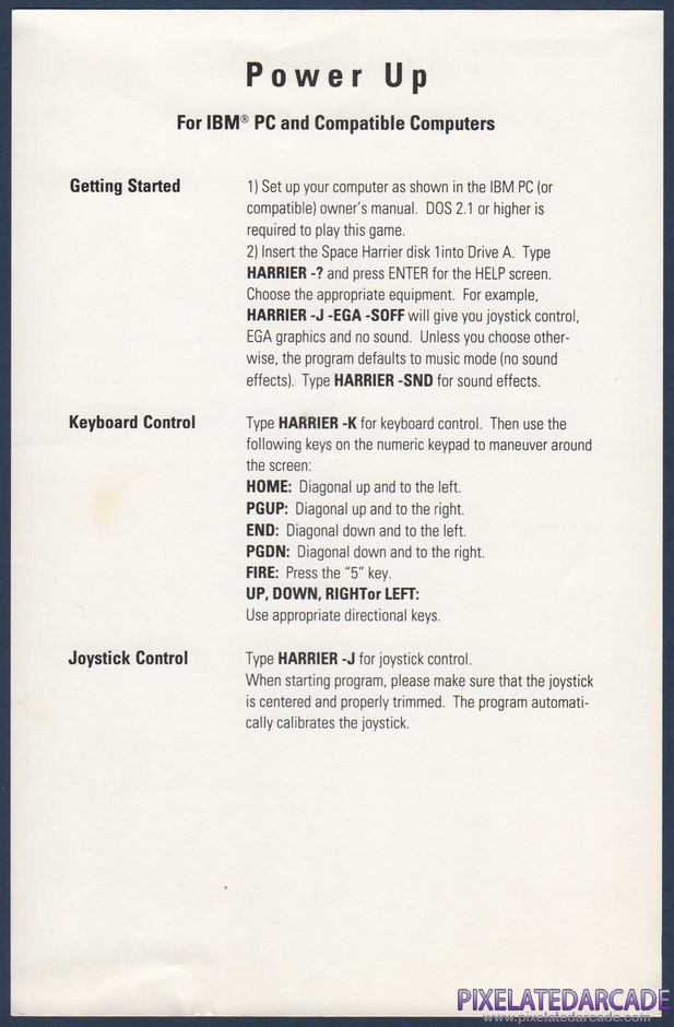 Space Harrier Package Contents: IBM PC version addendum - Back Space Harrier Package Contents: IBM PC version addendum - Back