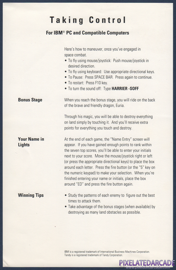 Space Harrier Package Contents: IBM PC version addendum - Front Space Harrier Package Contents: IBM PC version addendum - Front