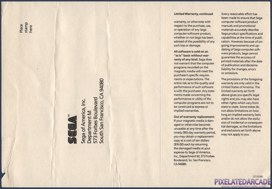 Space Harrier Package Contents: Warranty registration card - Back Space Harrier Package Contents: Warranty registration card - Back