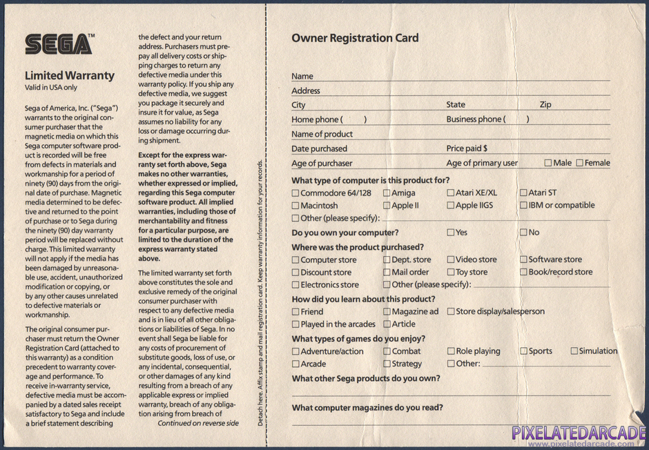 Space Harrier Package Contents: Warranty registration card - Front Space Harrier Package Contents: Warranty registration card - Front