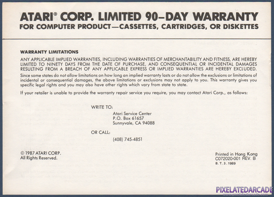 Donkey Kong Package Contents: Warranty information card - Front Donkey Kong Package Contents: Warranty information card - Front