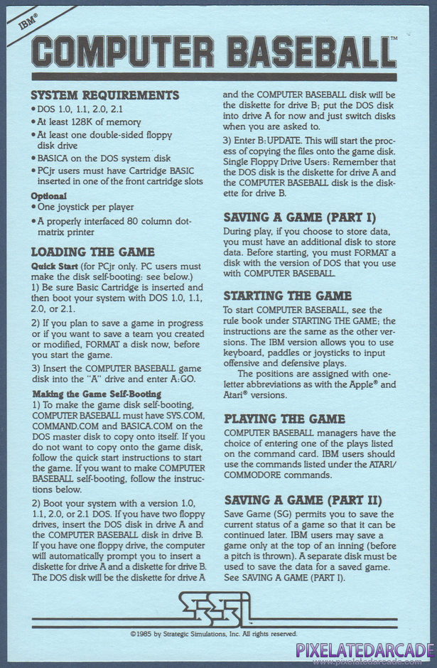 Computer Baseball Package Contents: Technical reference card Computer Baseball Package Contents: Technical reference card