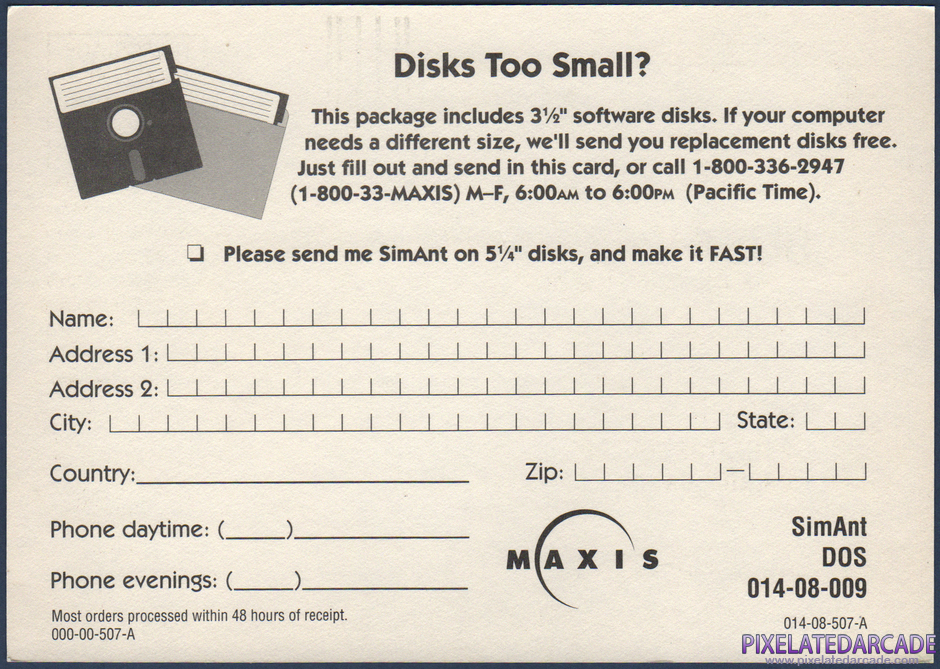 SimAnt: The Electronic Ant Colony Package Contents: Disk exchange form - Front SimAnt: The Electronic Ant Colony Package Contents: Disk exchange form - Front