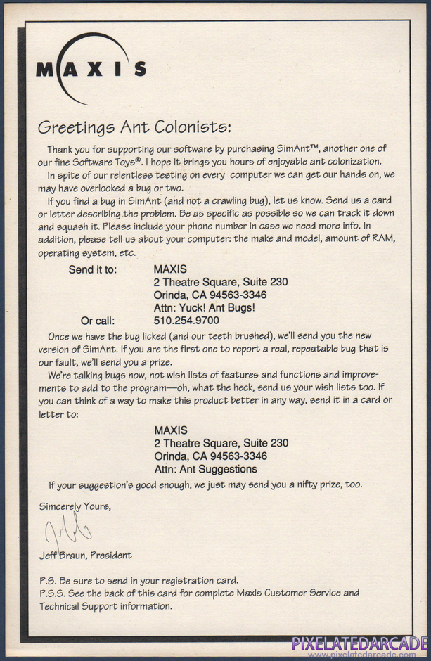 SimAnt: The Electronic Ant Colony Package Contents: Maxis welcome letter and information card - Front SimAnt: The Electronic Ant Colony Package Contents: Maxis welcome letter and information card - Front
