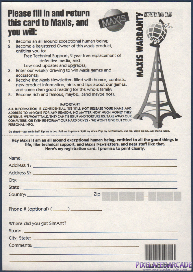 SimAnt: The Electronic Ant Colony Package Contents: Warranty registration card - Front SimAnt: The Electronic Ant Colony Package Contents: Warranty registration card - Front