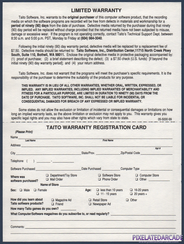 Rambo III Package Contents: Warranty registration card - Back Rambo III Package Contents: Warranty registration card - Back