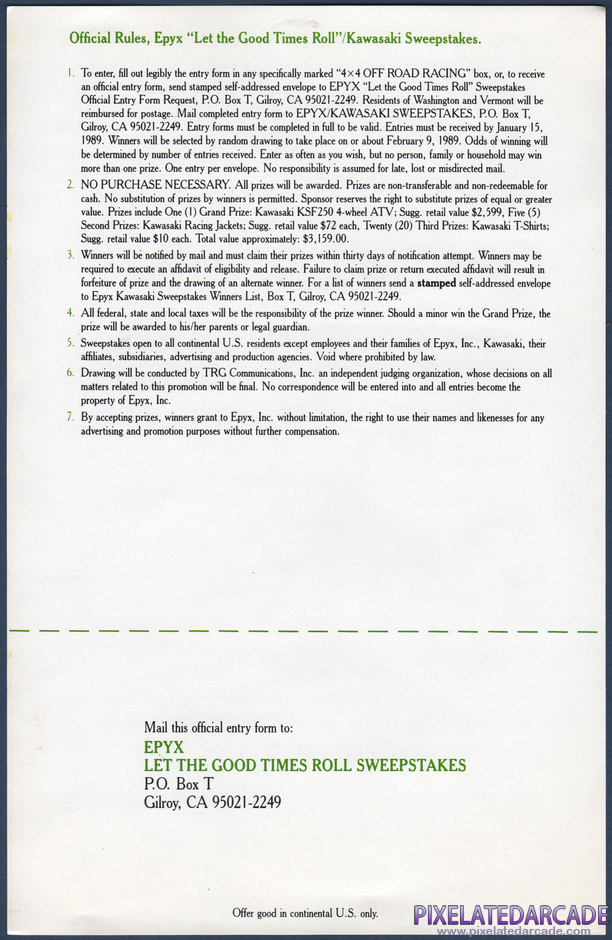 4x4 Off-Road Racing Package Contents: Epyx sweepstakes form - Back 4x4 Off-Road Racing Package Contents: Epyx sweepstakes form - Back