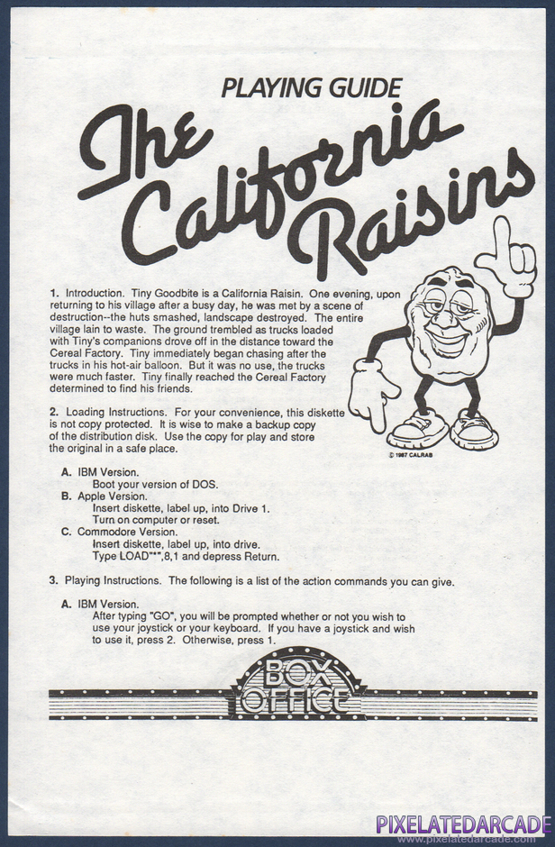 The California Raisins Package Contents: Instruction sheet - Front The California Raisins Package Contents: Instruction sheet - Front