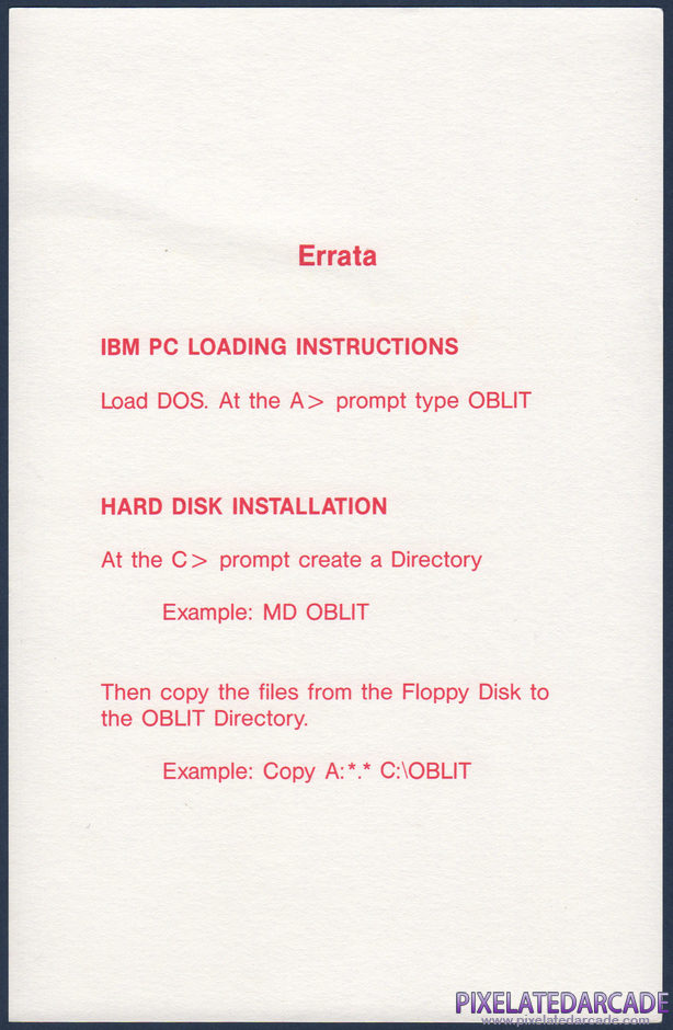 Obliterator Package Contents: Errata sheet Obliterator Package Contents: Errata sheet