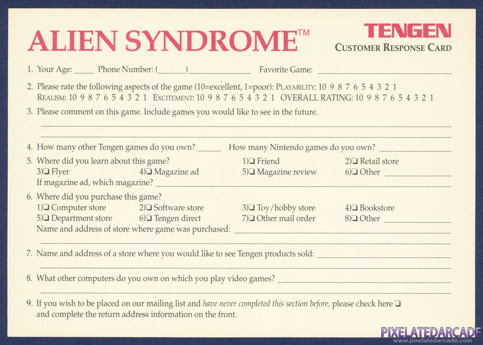 Alien Syndrome Package Contents: Warranty registration card - Back