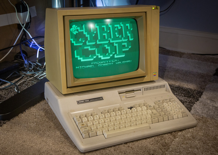 Cyber Cop running on a Tandy 1000 with a monochrome monitor