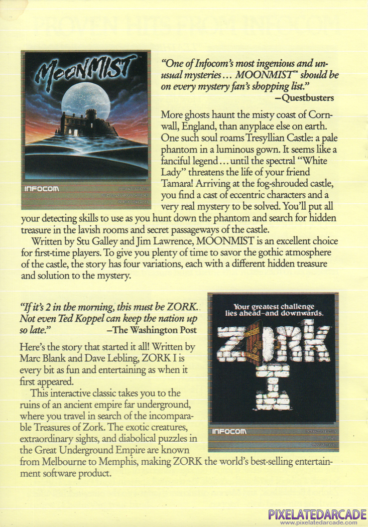 Moonmist Advertisement: Moonmist in the Infocom 1987 product catalog