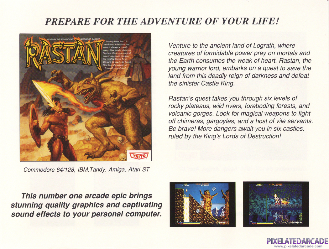 Rastan Advertisement: Taito 1988 product catalog