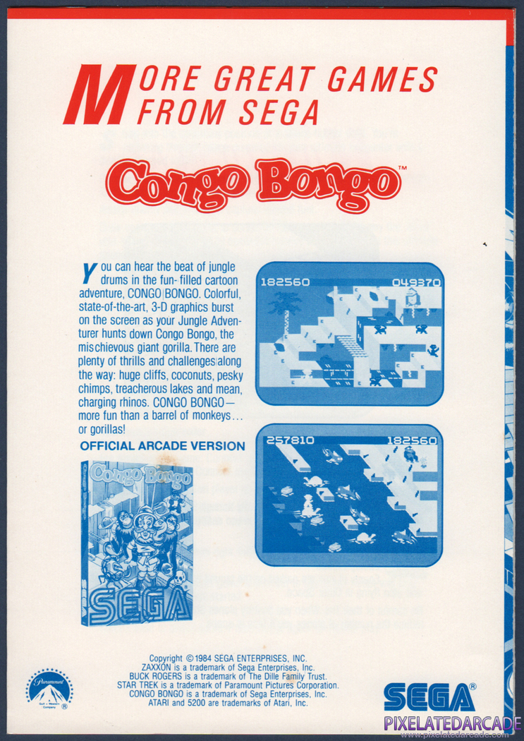 Congo Bongo Advertisement: Congo Bongo advertisement appearing in the Atari 5200 Zaxxon instruction manual