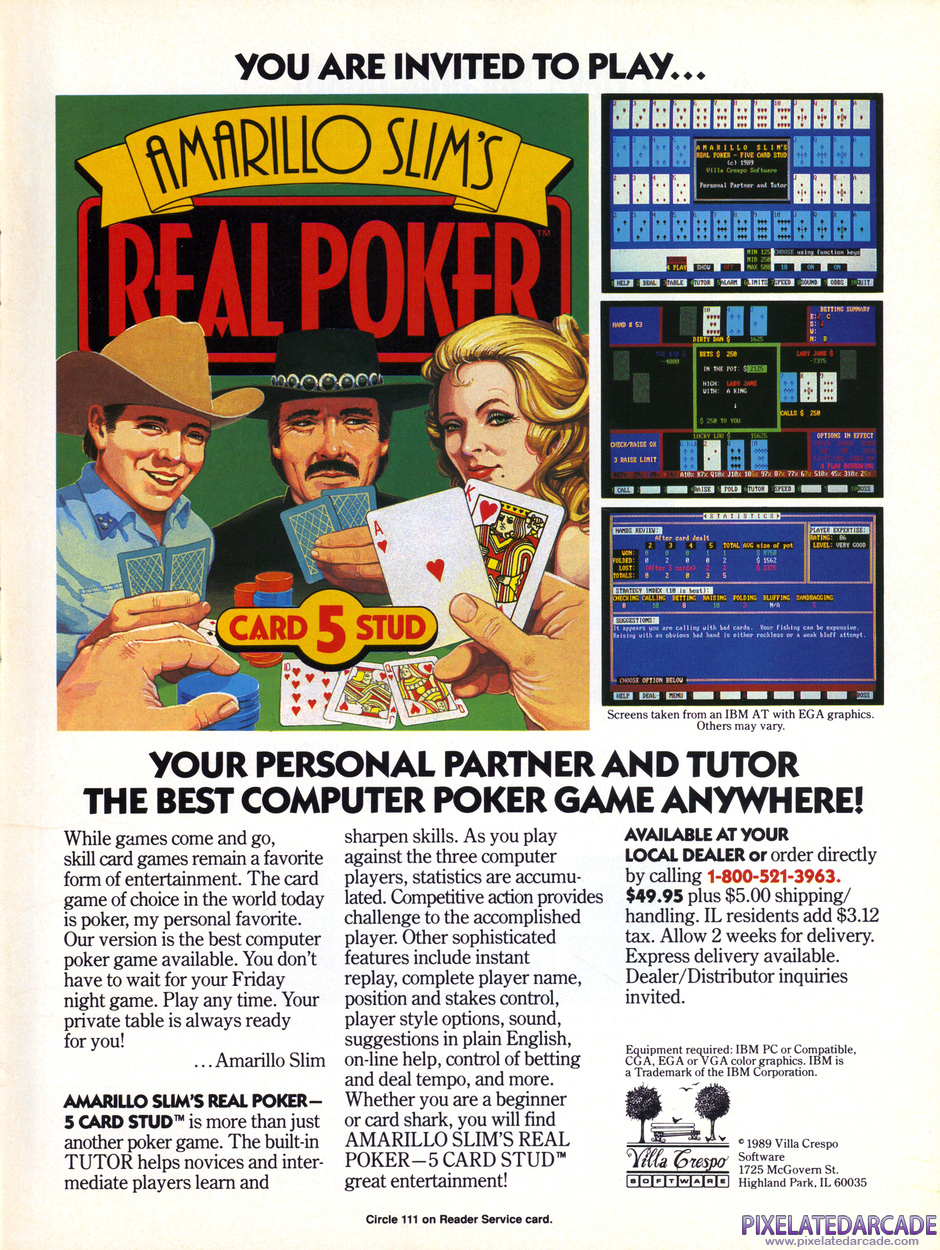 Amarillo Slim's Real Poker: 5 Card Stud Advertisement: April 1990 magazine ad