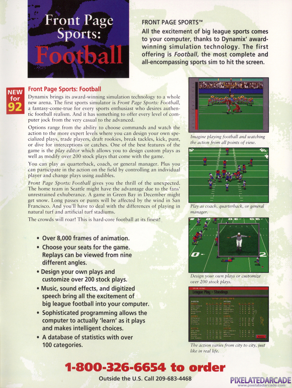 Front Page Sports: Football Advertisement: Sierra 1992 product catalog
