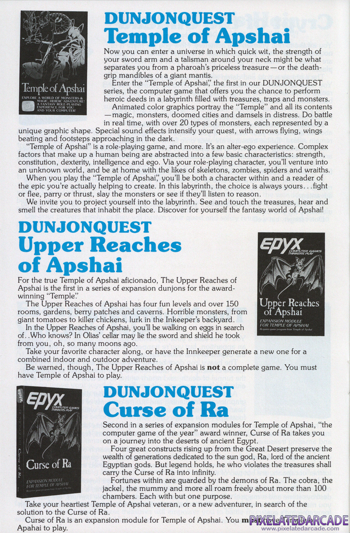 Dunjonquest: Temple of Apshai Advertisement: Epyx 1982 product catalog