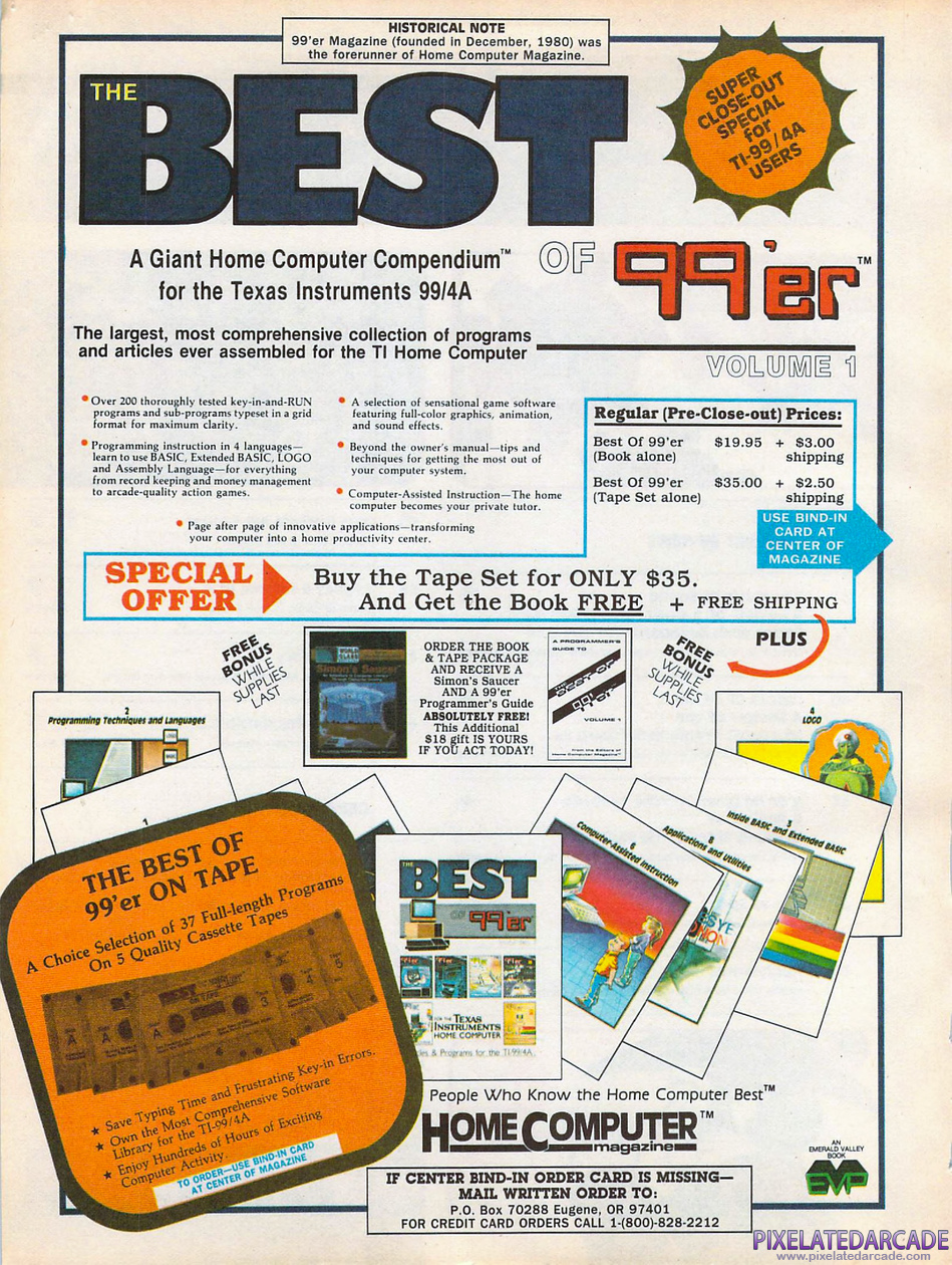 Simon's Saucer Advertisement: 99'er Magazine software including Simon's Saucer offer: March 1985 magazine ad