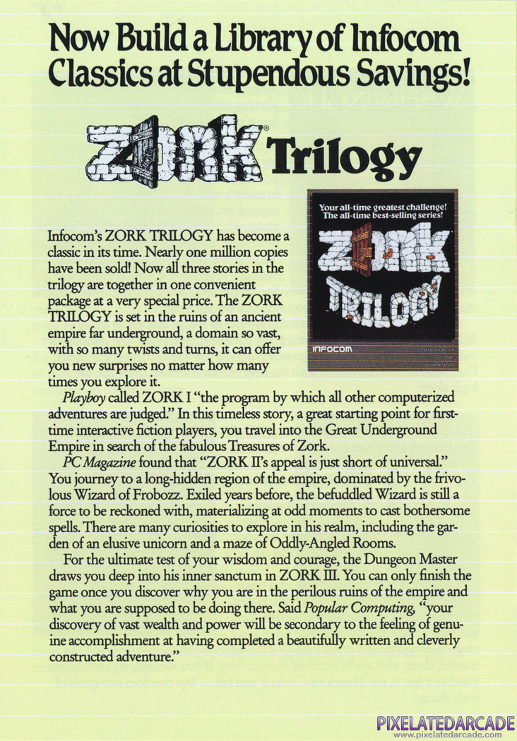 Zork Trilogy Advertisement: Infocom 1987 product catalog