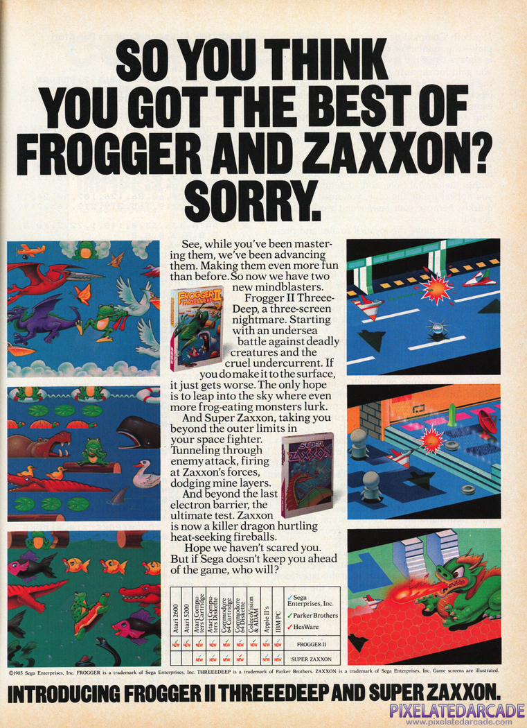 Frogger II: ThreeeDeep! Advertisement: SEGA 1985 magazine ad