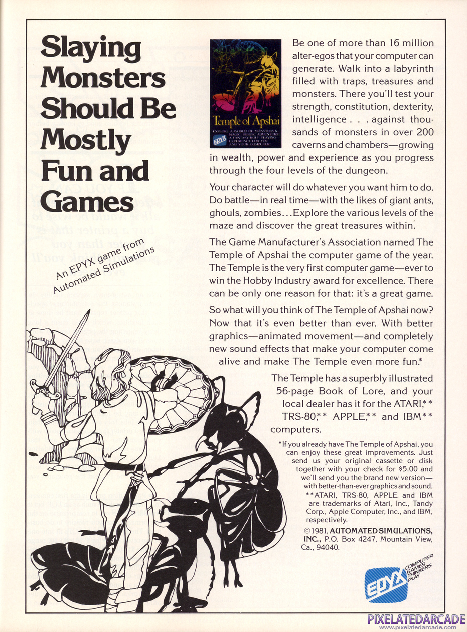 Dunjonquest: Temple of Apshai Advertisement: November 1982 magazine ad