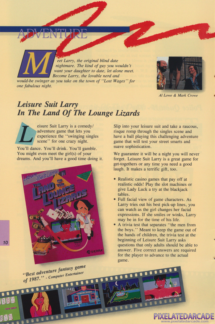 Leisure Suit Larry in the Land of the Lounge Lizards Advertisement: Sierra Fall 1988 product catalog Leisure Suit Larry in the Land of the Lounge Lizards Advertisement: Sierra Fall 1988 product catalog